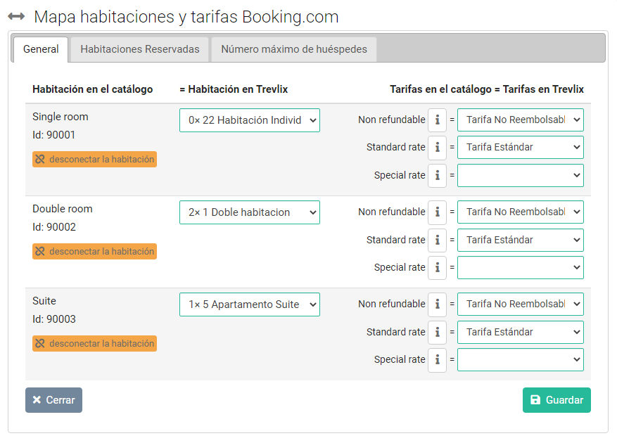 Asignación de salas del channel manager