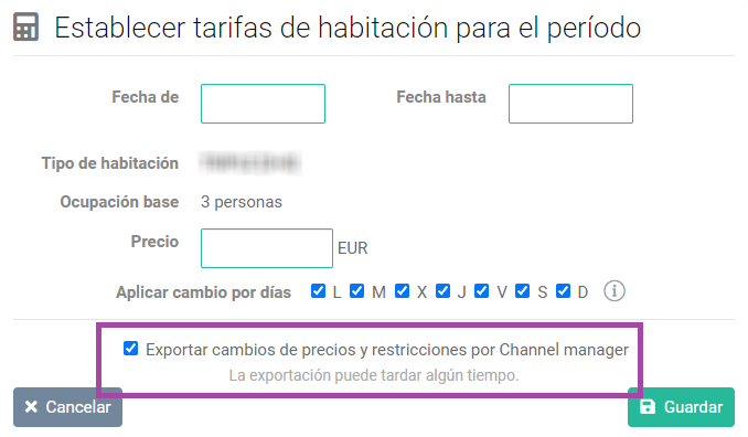 Establecer tarifas de habitación - exportar precios por Channel manager