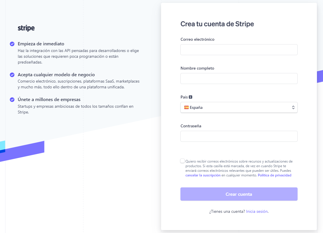 Stripe - crear cuenta